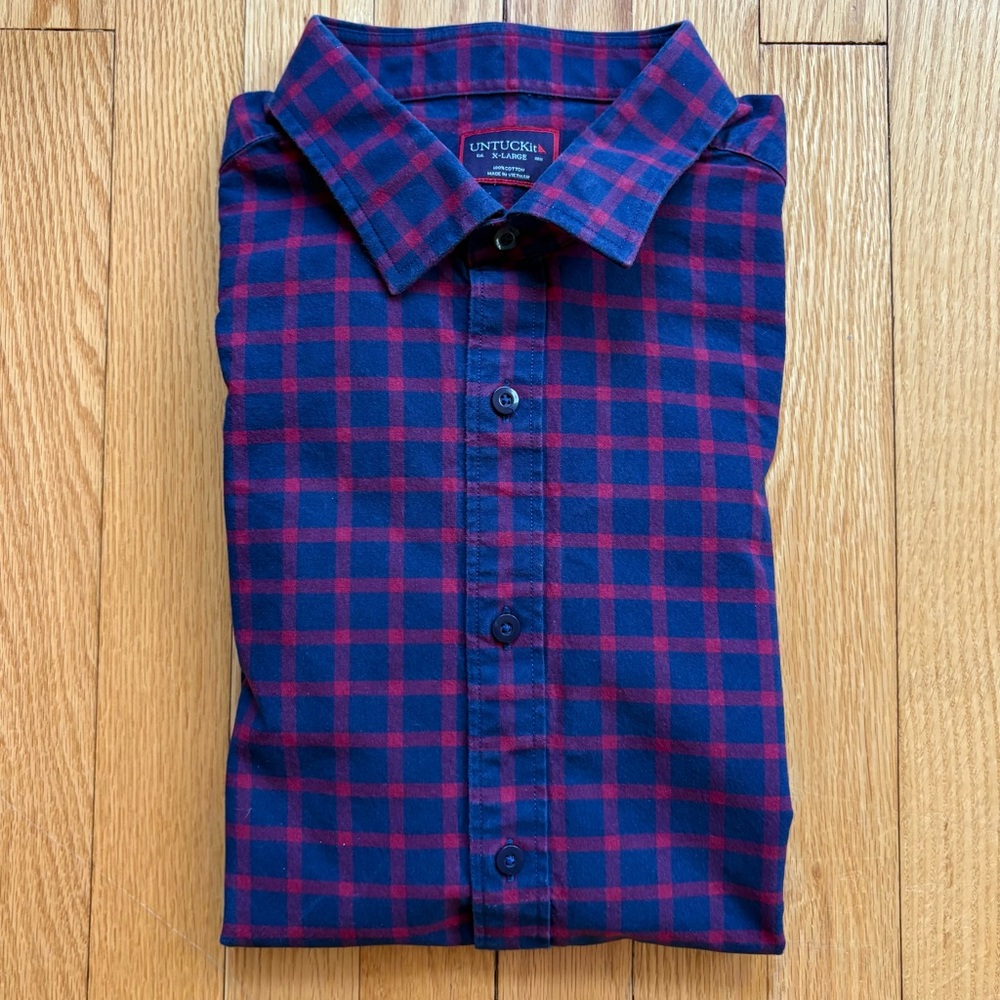 UNTUCKit Men’s Long Sleeve Dress Shirt Cotton Regular Fit XL Blue Red Plaid
